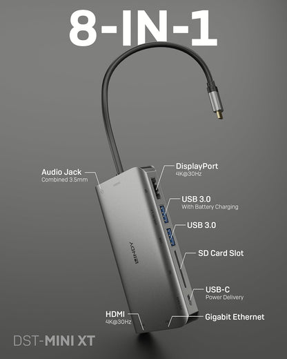 Lindy DST-Mini XT, USB-C Laptop Docking Station, Supports 2 Displays, 1x 4K / 2x Full HD, HDMI, DP, 2x USB-A 3.2 5Gbps, 1x USB-C Data & PD 3.0 100W, BC 1.2, Gigabit LAN, HP Mac Acer Dell Asus Lenovo