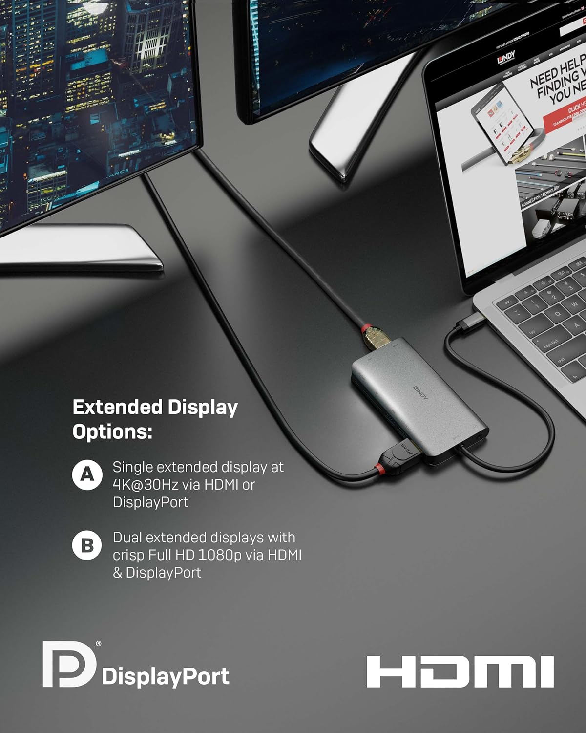 Lindy DST-Mini XT, USB-C Laptop Docking Station, Supports 2 Displays, 1x 4K / 2x Full HD, HDMI, DP, 2x USB-A 3.2 5Gbps, 1x USB-C Data & PD 3.0 100W, BC 1.2, Gigabit LAN, HP Mac Acer Dell Asus Lenovo