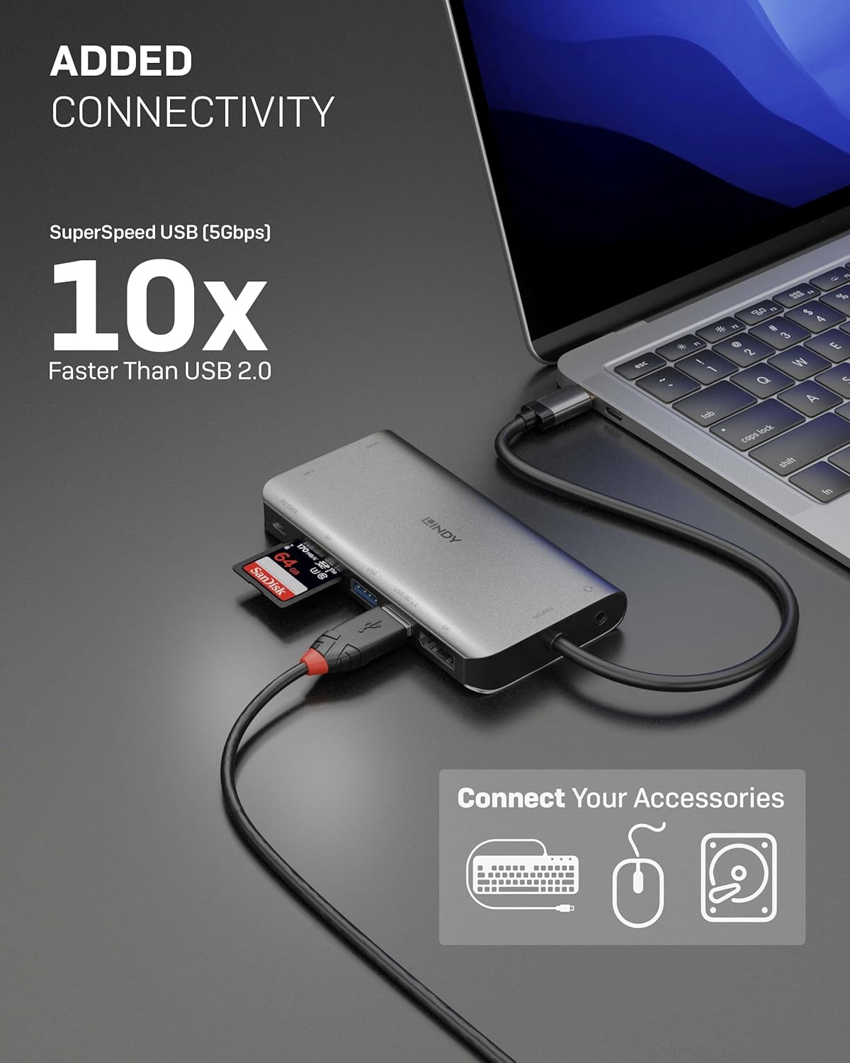 Lindy DST-Mini XT, USB-C Laptop Docking Station, Supports 2 Displays, 1x 4K / 2x Full HD, HDMI, DP, 2x USB-A 3.2 5Gbps, 1x USB-C Data & PD 3.0 100W, BC 1.2, Gigabit LAN, HP Mac Acer Dell Asus Lenovo