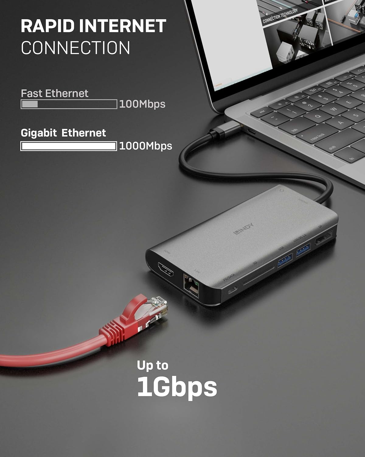 Lindy DST-Mini XT, USB-C Laptop Docking Station, Supports 2 Displays, 1x 4K / 2x Full HD, HDMI, DP, 2x USB-A 3.2 5Gbps, 1x USB-C Data & PD 3.0 100W, BC 1.2, Gigabit LAN, HP Mac Acer Dell Asus Lenovo