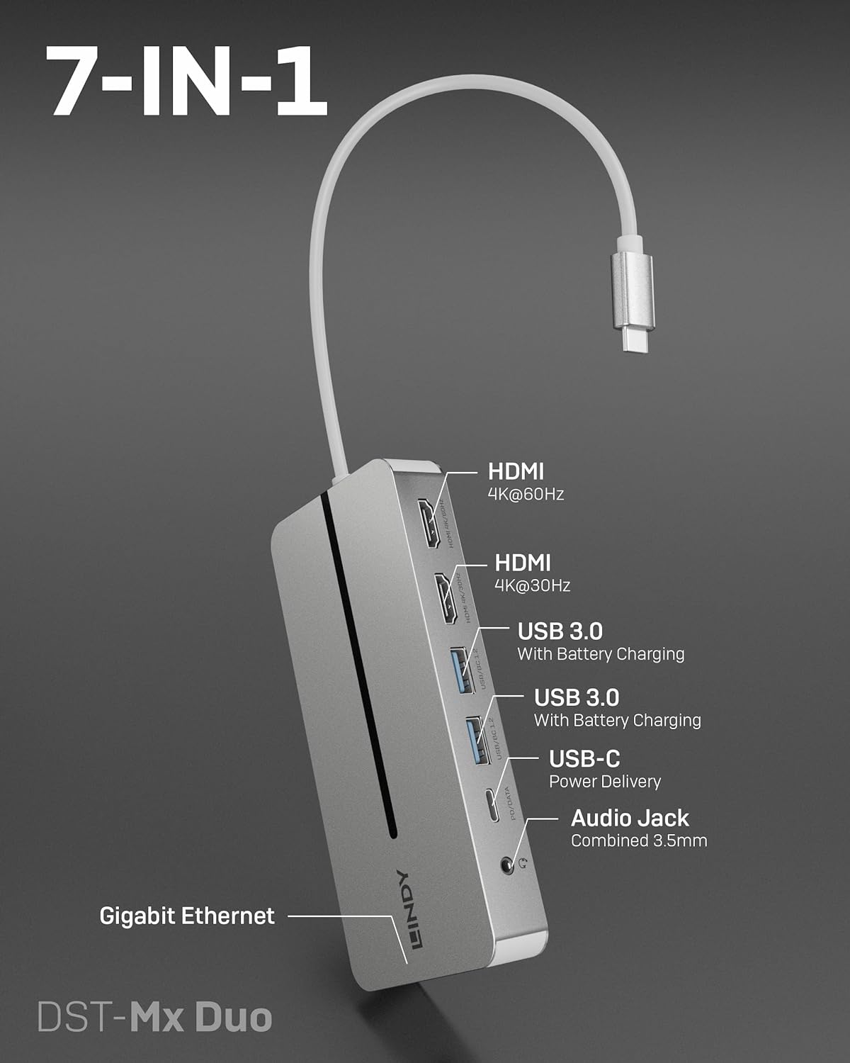 Lindy DST-Mx Duo Docking Station | Dual 4K HDMI Display Support | Use with Windows PCs & Apple M1, M2, M3 MacBooks | USB-C with 100W PD, Gigabit Ethernet, USB 3.2 | Aluminium Body | Easy Driver Setup