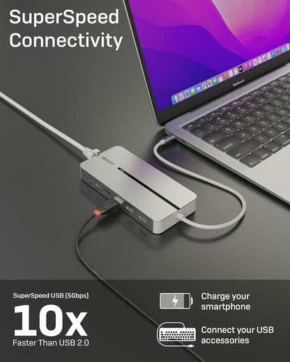Lindy DST-Mx Duo Docking Station | Dual 4K HDMI Display Support | Use with Windows PCs & Apple M1, M2, M3 MacBooks | USB-C with 100W PD, Gigabit Ethernet, USB 3.2 | Aluminium Body | Easy Driver Setup