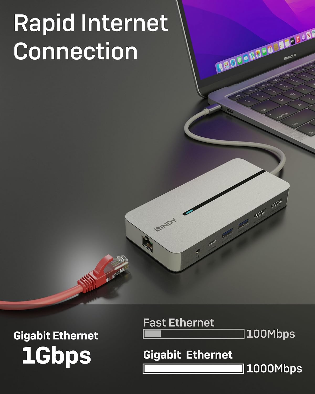 Lindy DST-Mx Duo Docking Station | Dual 4K HDMI Display Support | Use with Windows PCs & Apple M1, M2, M3 MacBooks | USB-C with 100W PD, Gigabit Ethernet, USB 3.2 | Aluminium Body | Easy Driver Setup