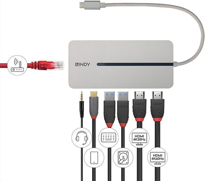 Lindy DST-Mx Duo Docking Station | Dual 4K HDMI Display Support | Use with Windows PCs & Apple M1, M2, M3 MacBooks | USB-C with 100W PD, Gigabit Ethernet, USB 3.2 | Aluminium Body | Easy Driver Setup