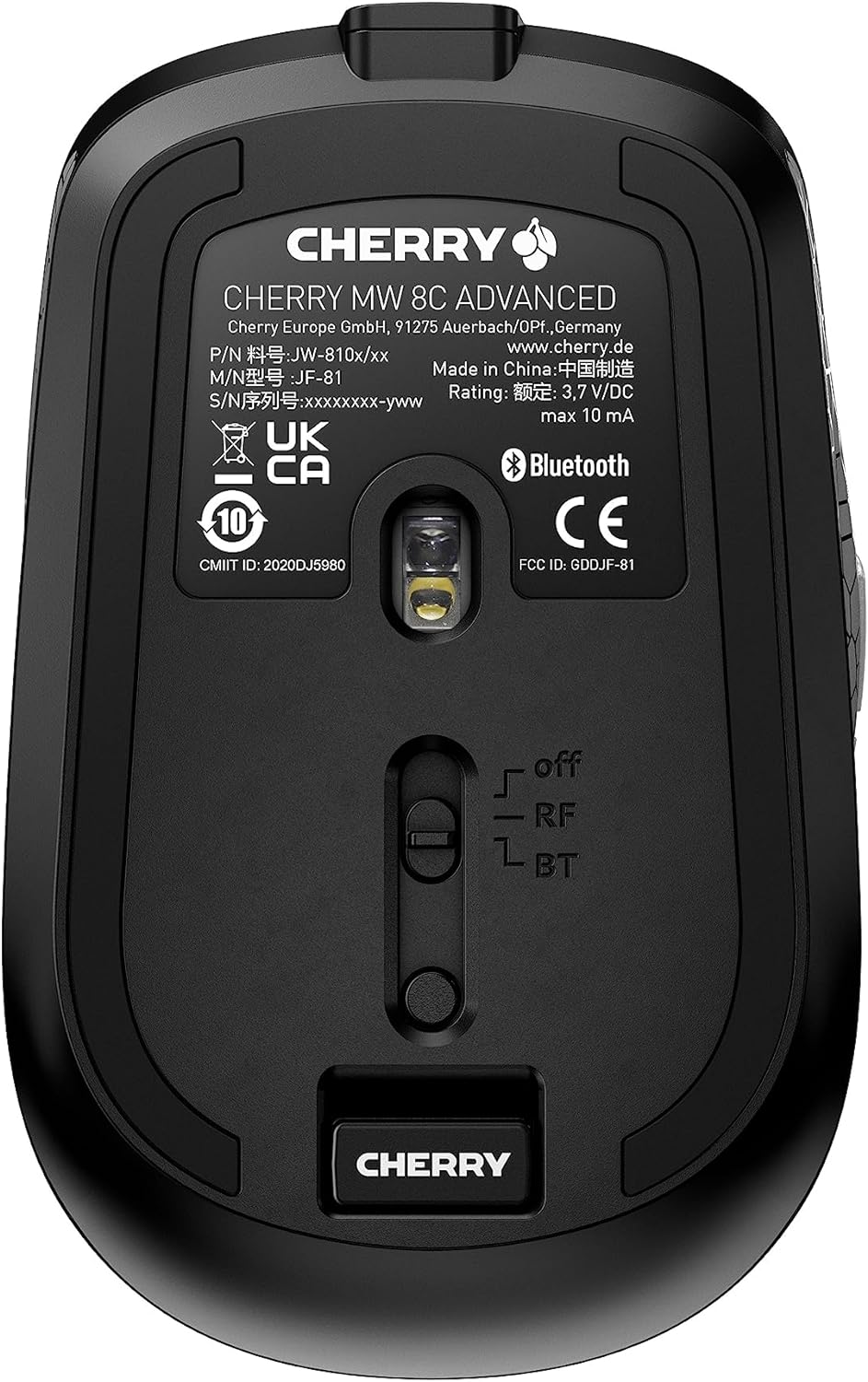 CHERRY MW 8C ADVANCED, wireless and rechargeable mouse, Bluetooth® or radio connection, encryption with AES-128, high-precision sensor with 4-level adjustable resolution