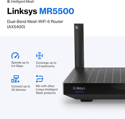 Linksys Hydra Pro 6 Dual Band Mesh WiFi 6 Router (AX5400) - Works with Velop Whole Home WiFi System - Wireless Internet Gaming Router, Parental Controls, Guest Network via Linksys App Wifi 6 AX5400 | Dual-Band
