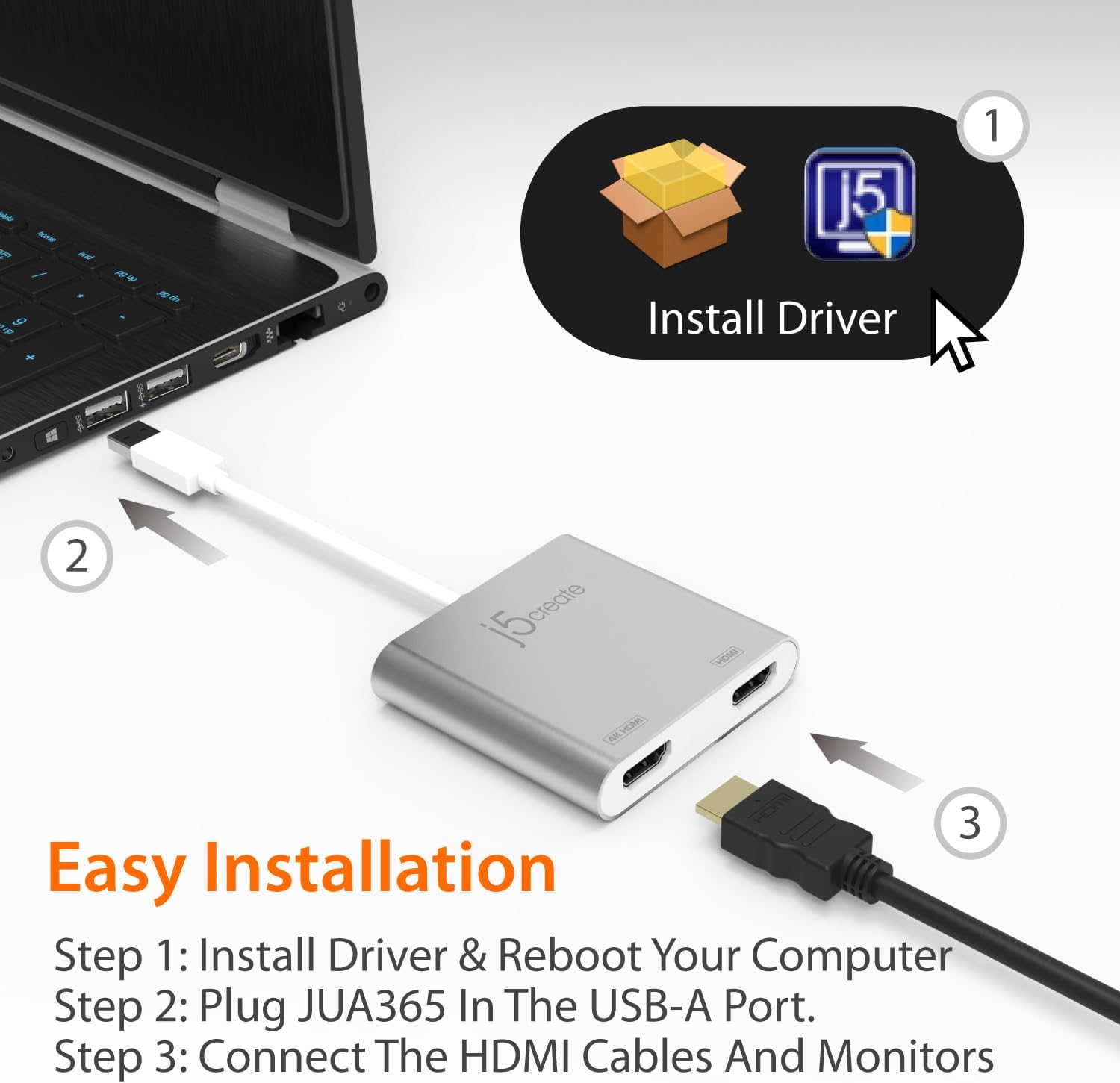 j5create USB Type A to Dual HDMI Adapter - Dual HDMI Multi Display Convertor | 4K Ultra HD + 1080p Full HD | Compatible with Windows, Mac, MacBook (JUA365