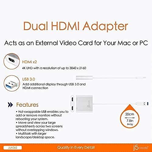 j5create USB Type A to Dual HDMI Adapter - Dual HDMI Multi Display Convertor | 4K Ultra HD + 1080p Full HD | Compatible with Windows, Mac, MacBook (JUA365