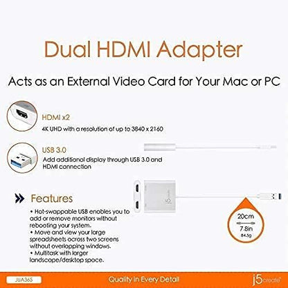 j5create USB Type A to Dual HDMI Adapter - Dual HDMI Multi Display Convertor | 4K Ultra HD + 1080p Full HD | Compatible with Windows, Mac, MacBook (JUA365