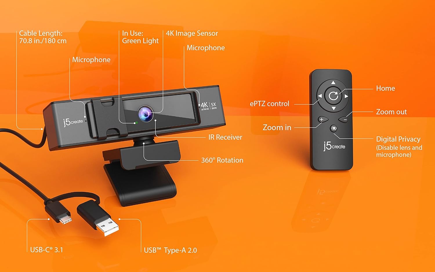 j5create Webcam 4K Ultra HD + Remote Control Digital Zoom 5X Black
