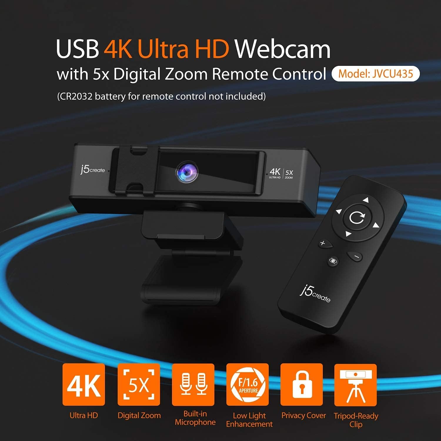 j5create Webcam 4K Ultra HD + Remote Control Digital Zoom 5X Black