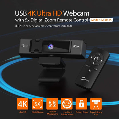 j5create Webcam 4K Ultra HD + Remote Control Digital Zoom 5X Black