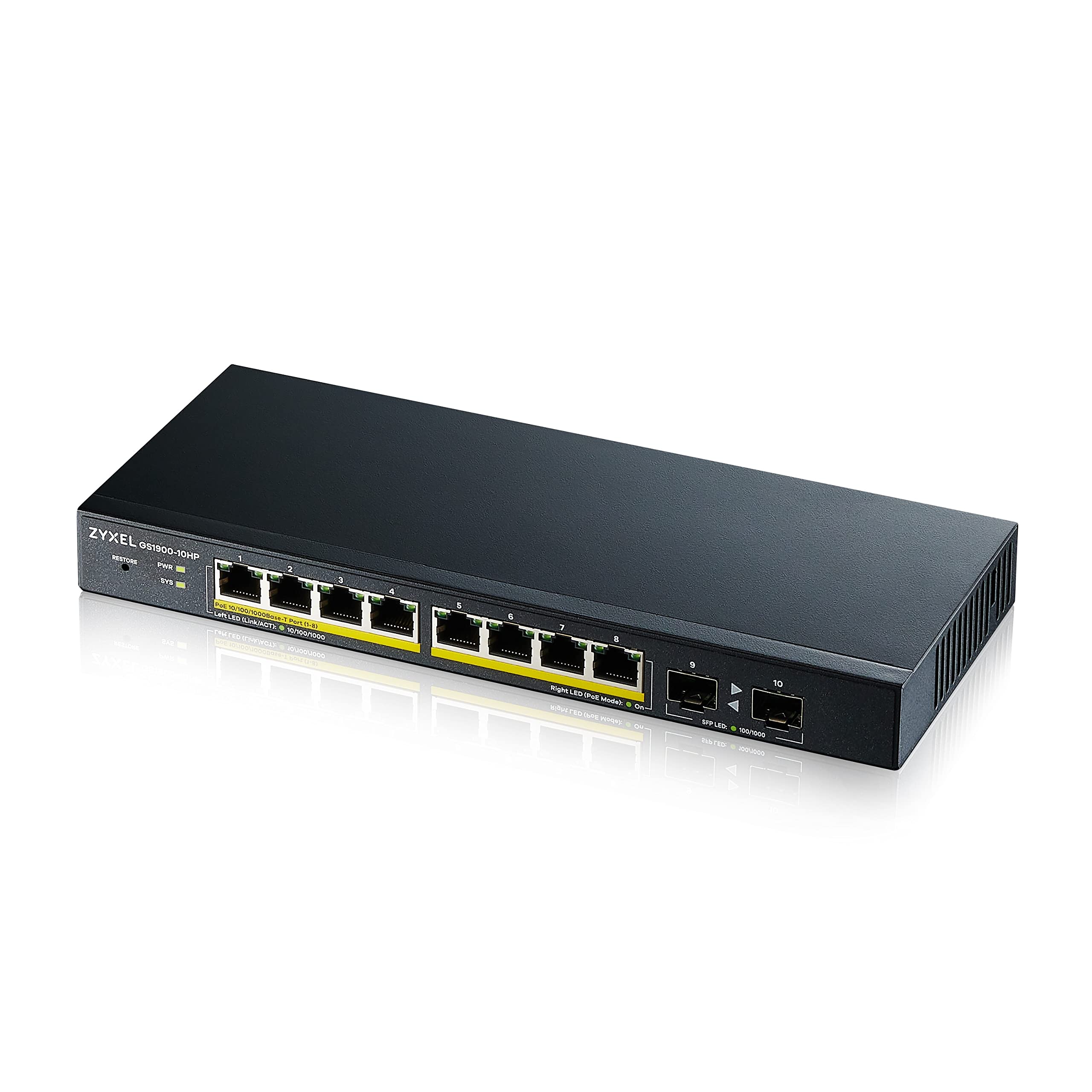 Zyxel Conmutador PoE Gigabit de 8 puertos | Gestión Inteligente | Sobremesa/Montaje en Pared | Sin ventilador | 8 puertos PoE+ 77 Vatios | 2 Puertos SFP | VLAN, IGMP, QoS