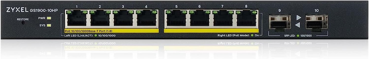 Zyxel Conmutador PoE Gigabit de 8 puertos | Gestión Inteligente | Sobremesa/Montaje en Pared | Sin ventilador | 8 puertos PoE+ 77 Vatios | 2 Puertos SFP | VLAN, IGMP, QoS