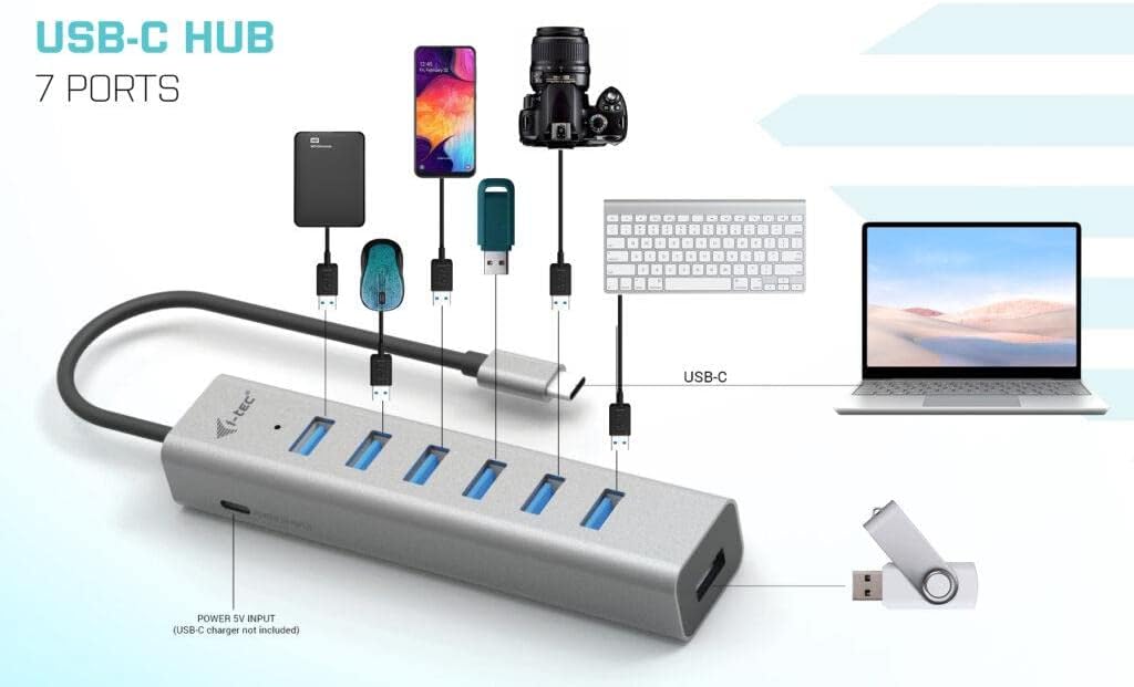 i-tec USB-C hub 7-Port - 30 cm Cable, 7X USB-A 3.2 Gen1 with BC 1.2 Fast Charging Support (up to 7.5 W per Port