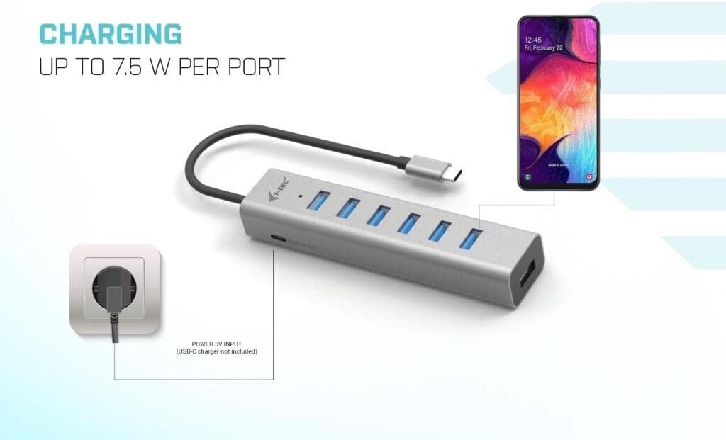 i-tec USB-C hub 7-Port - 30 cm Cable, 7X USB-A 3.2 Gen1 with BC 1.2 Fast Charging Support (up to 7.5 W per Port
