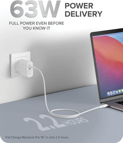 Alogic 2X63 Rapid Power 2 Port 63W Gan Charger Usb-C (45W) + Us