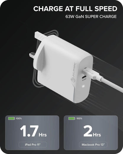 Alogic 2X63 Rapid Power 2 Port 63W Gan Charger Usb-C (45W) + Us