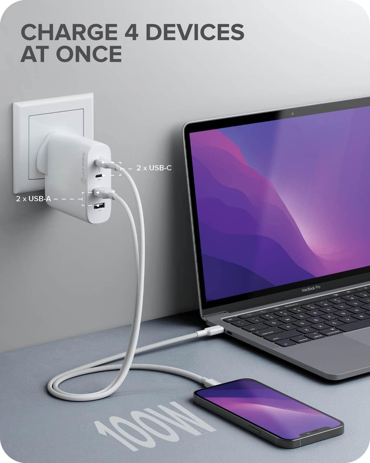 ALOGIC 100W 4-Port PD USB C Wall Charger with GaN Fast Tech, 2 USB-C, 2 USB-A, Dynamic power allocation, Power delivery 3.0 charger, Compatible with most USB-C Laptops, Smartphones, etc.