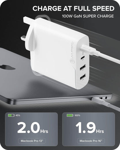 ALOGIC 100W 4-Port PD USB C Wall Charger with GaN Fast Tech, 2 USB-C, 2 USB-A, Dynamic power allocation, Power delivery 3.0 charger, Compatible with most USB-C Laptops, Smartphones, etc.