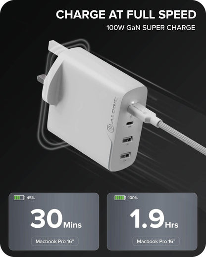 ALOGIC 100W MacBook Pro Charger USB C Charger withGaN Fast Tech, PD 3.0 Laptop Charger for MacBook Pro 16/13, Air, M1 Mac, XPS 15/13, iPad Pro, iPhone 13/13 Pro/Max/13 Mini Galaxy, Pixel & More