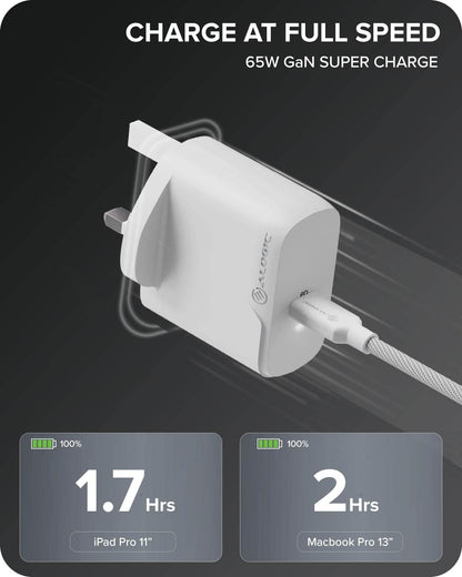 ALOGIC 65W USB-C Wall Charger with GaN Fast Technology, PD Power Delivery 3.0 Charger for Fast Charging Compatible for MacBook Pro/Air, iPad, iPhone, Pixel, Android and More.