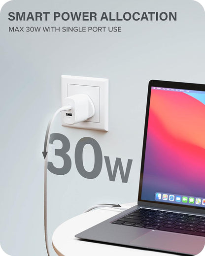 ALOGIC 32W 2 Port GaN Wall Charger with up to 30W Power Delivery, GaN Fast Tech & Dynamic Power Allocation, PD 3.0 Charger Compatible with Smartphone, Tablet and Laptops