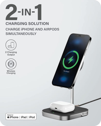 ALOGIC MagSpeed 2-in-1 Wireless Charging Station, MagSafe Compatible for iPhone 12/ iPhone 13 series & Wireless Charging enabled AirPods Case, LED indicator, Certified safe.