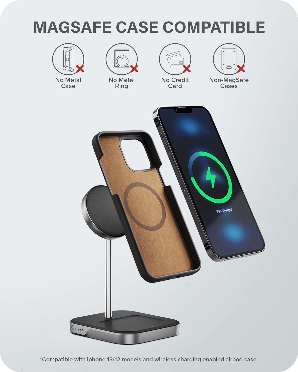 ALOGIC MagSpeed 2-in-1 Wireless Charging Station, MagSafe Compatible for iPhone 12/ iPhone 13 series & Wireless Charging enabled AirPods Case, LED indicator, Certified safe.