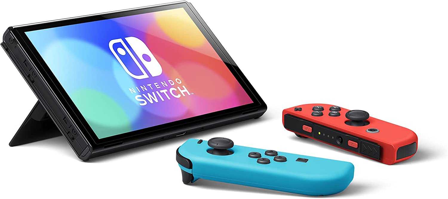 Nintendo Switch (OLED model) with Neon Red & Neon Blue Joy-Con