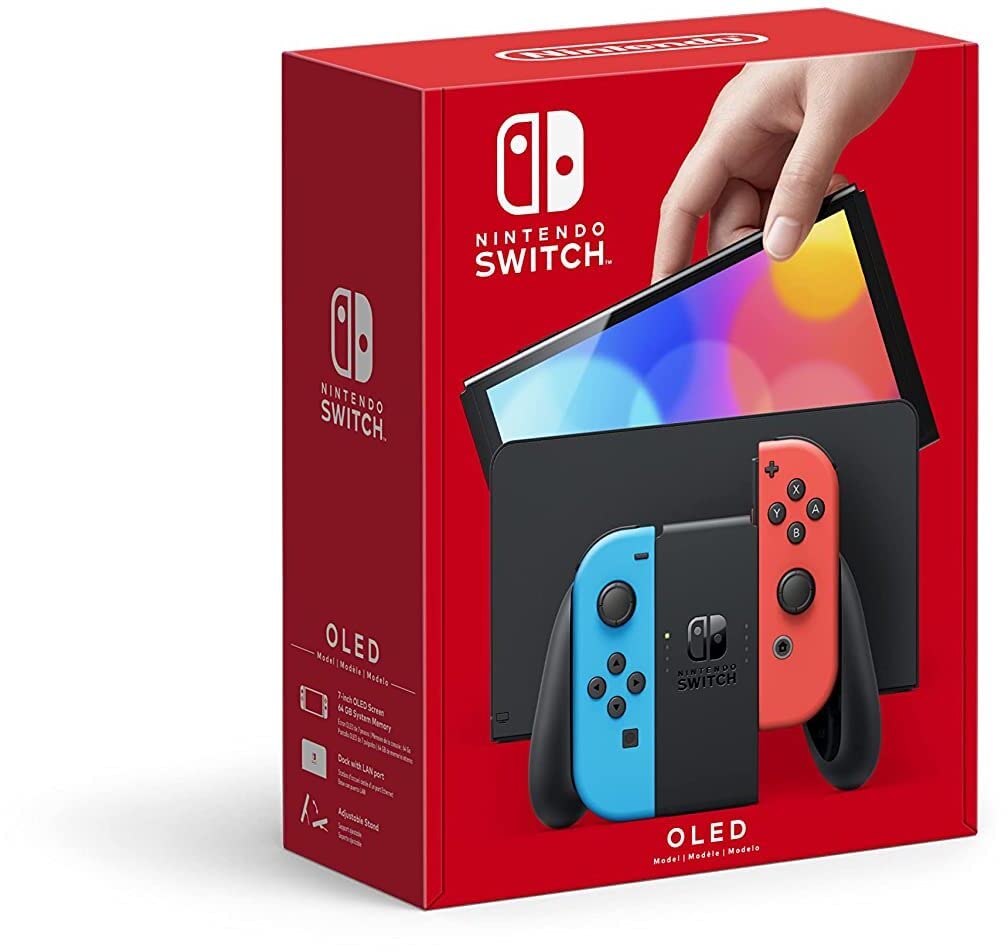 Nintendo Switch (OLED model) with Neon Red & Neon Blue Joy-Con