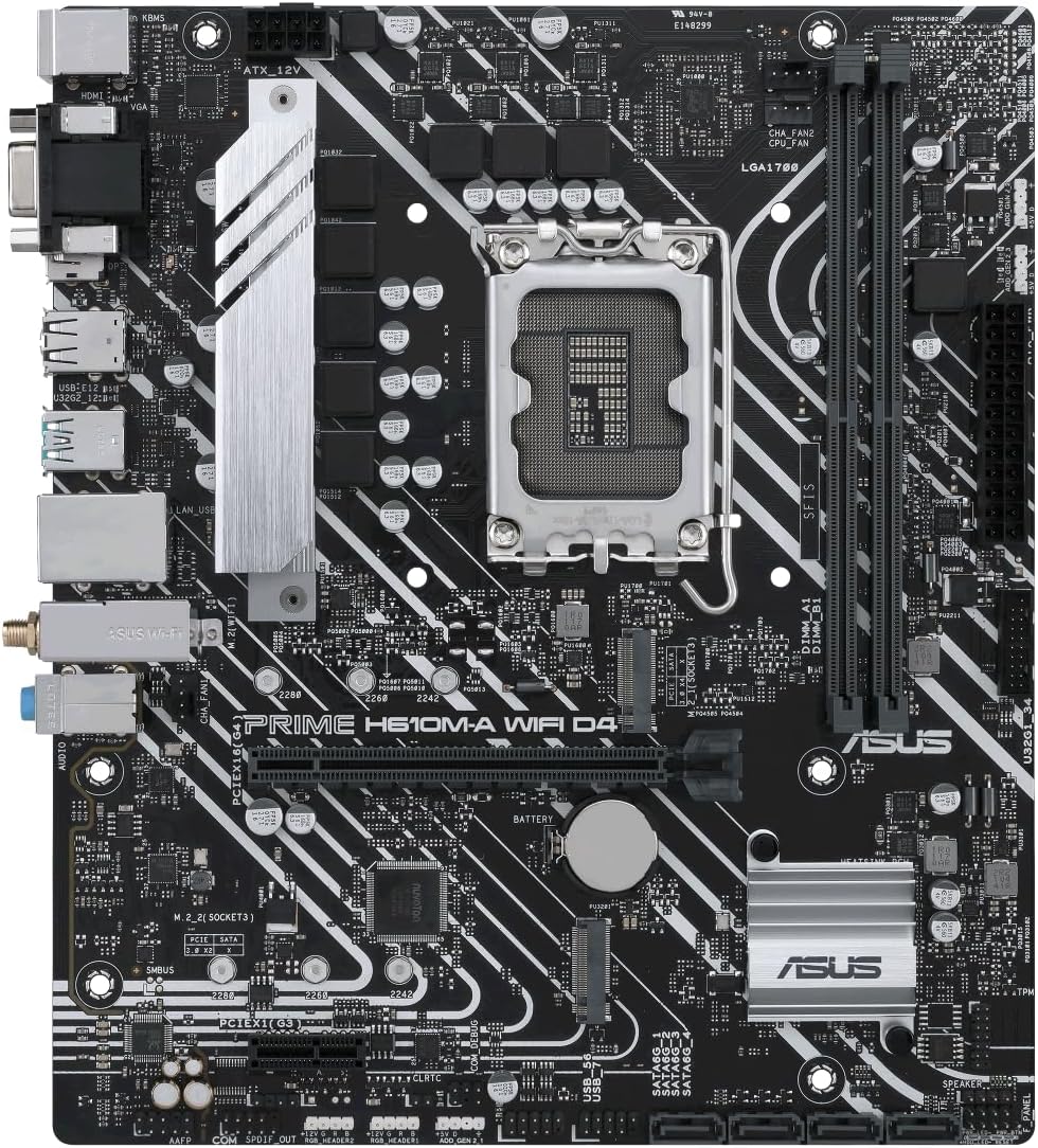 ASUS Prime H610M-A WIFI D4 Intel H610 (LGA 1700) mic-ATX motherboard with DDR4, PCIe 4.0, dual M.2 slots, Intel 1 Gb Ethernet, WIFI 5, DisplayPort, HDMI, D-Sub, USB 3.2 Gen 2 ports, SATA 6 Gbps