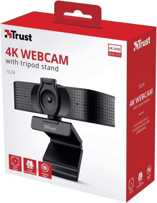 Trust Teza 4K Ultra HD Webcam, 3840x2160, 2 Integrated Microphones and Autofocus, 30 FPS, USB Plug & Play, Web Camera for Teams, Zoom, Skype, PC, Laptop, Mac, Macbook - Black