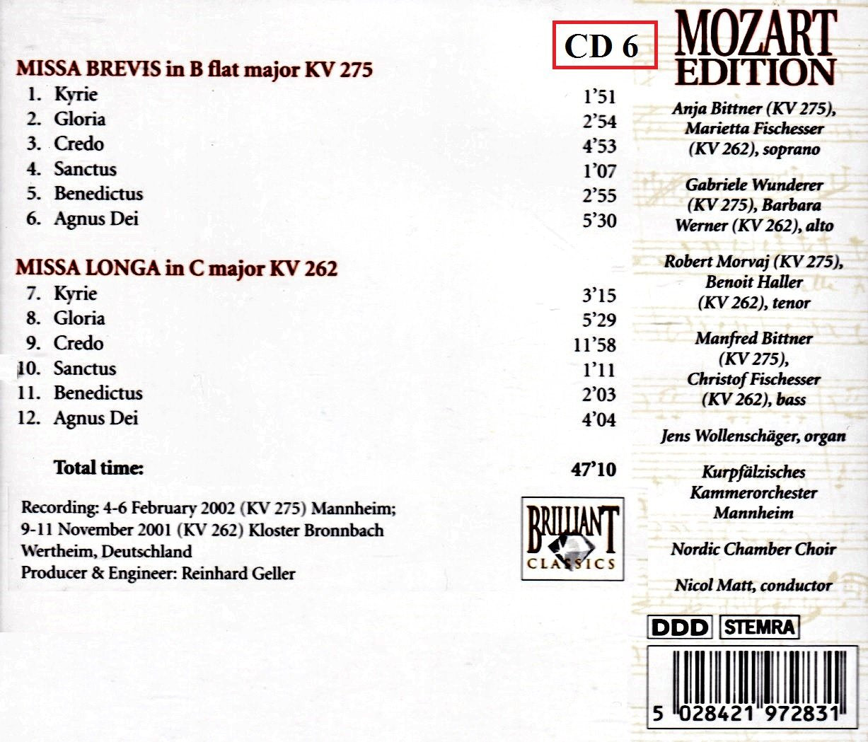 Mozart - Missa Brevis, KV 275; Missa Longa, KV 262