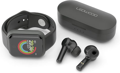 Ledwood Auricolare Bluetooth senza fili + orologio connesso urbano, auricolari tattile, supporto vocale, applicazione inclusa, orologio IPX65, compatibile con iOS/Android (nero