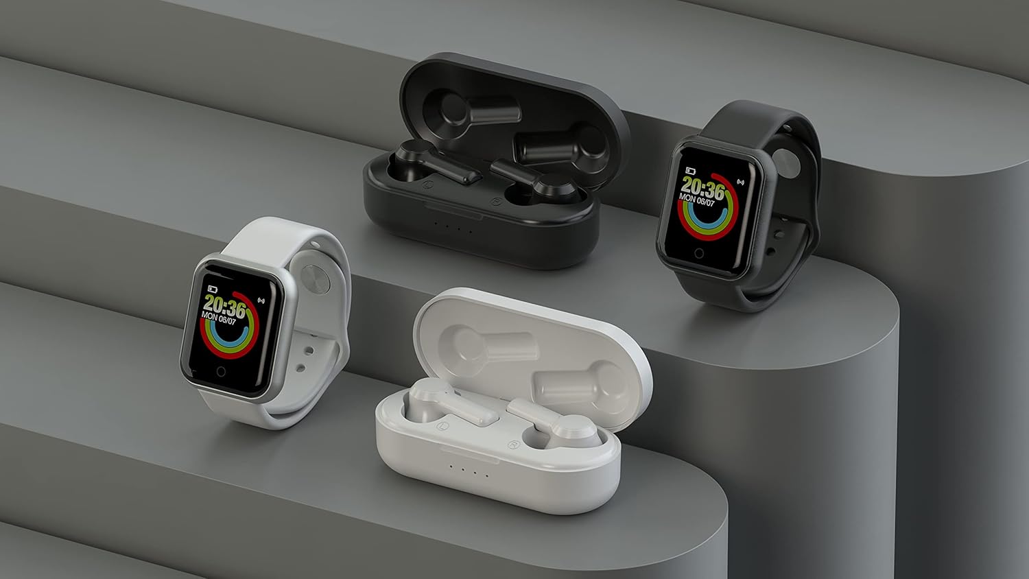 Ledwood Auricolare Bluetooth senza fili + orologio connesso urbano, auricolari tattile, supporto vocale, applicazione inclusa, orologio IPX65, compatibile con iOS/Android (nero