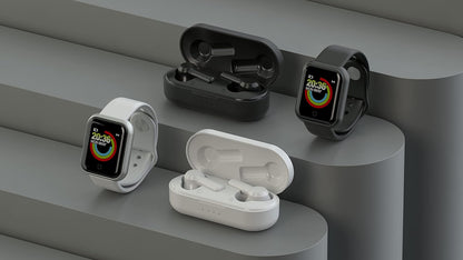 Ledwood Auricolare Bluetooth senza fili + orologio connesso urbano, auricolari tattile, supporto vocale, applicazione inclusa, orologio IPX65, compatibile con iOS/Android (nero