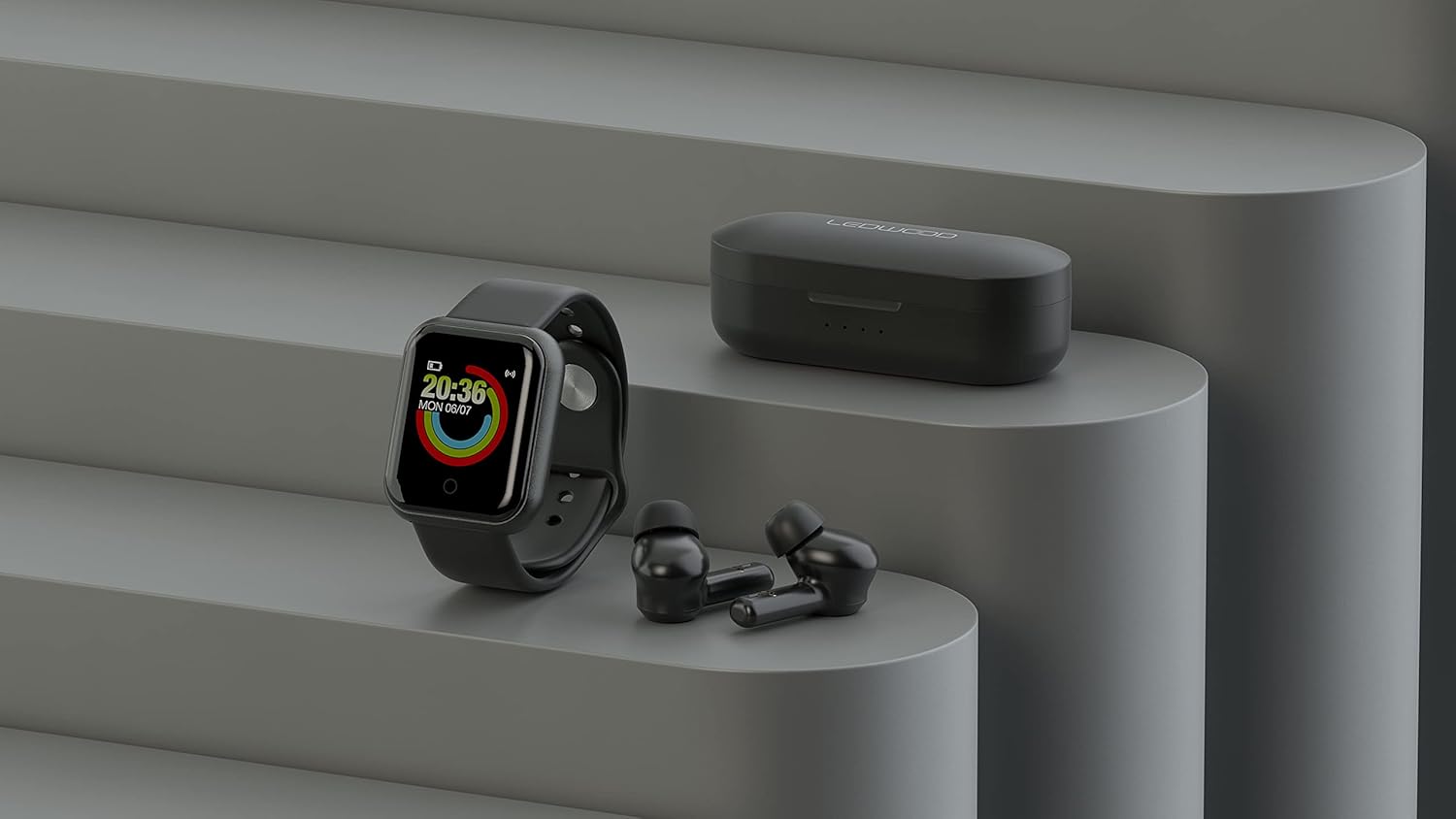 Ledwood Auricolare Bluetooth senza fili + orologio connesso urbano, auricolari tattile, supporto vocale, applicazione inclusa, orologio IPX65, compatibile con iOS/Android (nero