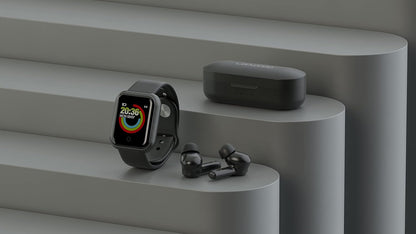 Ledwood Auricolare Bluetooth senza fili + orologio connesso urbano, auricolari tattile, supporto vocale, applicazione inclusa, orologio IPX65, compatibile con iOS/Android (nero