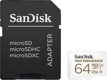 SanDisk MAX ENDURANCE Video Monitoring for Dashcams & Home Monitoring 64 GB microSDXC Memory Card + SD Adaptor 30,000 Hours Endurance , White 64 GB Max Endurance