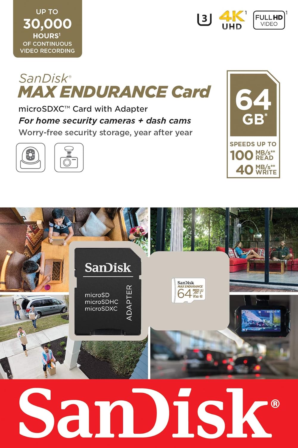 SanDisk MAX ENDURANCE Video Monitoring for Dashcams & Home Monitoring 64 GB microSDXC Memory Card + SD Adaptor 30,000 Hours Endurance , White 64 GB Max Endurance