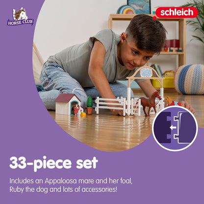 schleich HORSE CLUB — 42458 Hannah's Guest Horses Playset, 20-Piece Horse Stable Toy Set Including Mare, Foal, Hannah Doll and Dog Figurine, Horse Toys for Girls and Boys Ages 5+