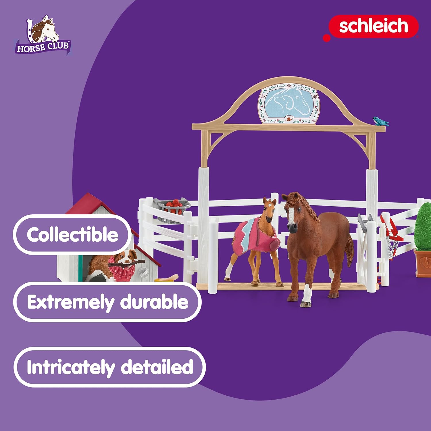 schleich HORSE CLUB — 42458 Hannah's Guest Horses Playset, 20-Piece Horse Stable Toy Set Including Mare, Foal, Hannah Doll and Dog Figurine, Horse Toys for Girls and Boys Ages 5+