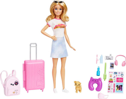 Barbie Doll and Accessories, “Malibu” Travel Set with Puppy and 10+ Pieces Including Working Suitcase, HJY18
