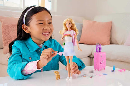 Barbie Doll and Accessories, “Malibu” Travel Set with Puppy and 10+ Pieces Including Working Suitcase, HJY18
