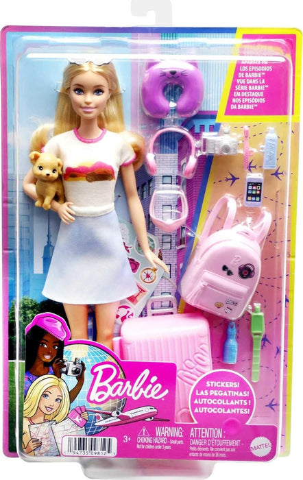 Barbie Doll and Accessories, “Malibu” Travel Set with Puppy and 10+ Pieces Including Working Suitcase, HJY18