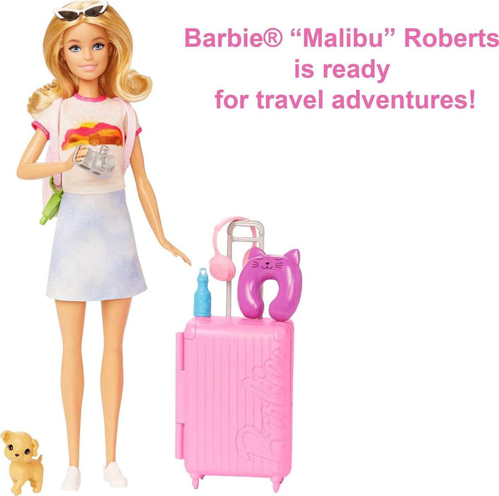 Barbie Doll and Accessories, “Malibu” Travel Set with Puppy and 10+ Pieces Including Working Suitcase, HJY18