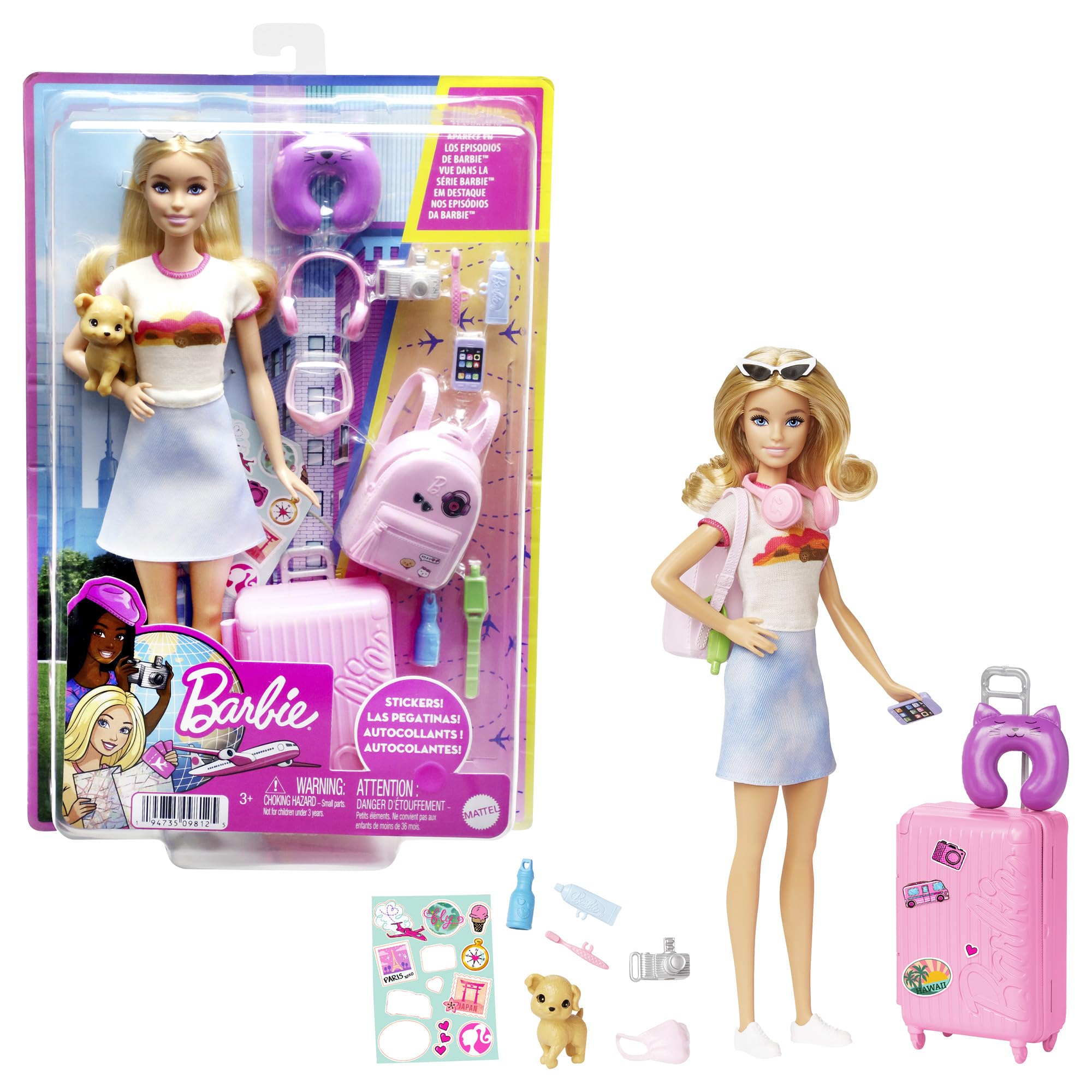 Barbie Doll and Accessories, “Malibu” Travel Set with Puppy and 10+ Pieces Including Working Suitcase, HJY18