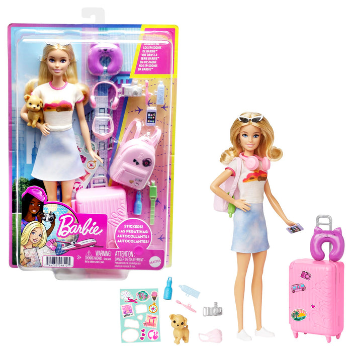 Barbie Doll and Accessories, “Malibu” Travel Set with Puppy and 10+ Pieces Including Working Suitcase, HJY18