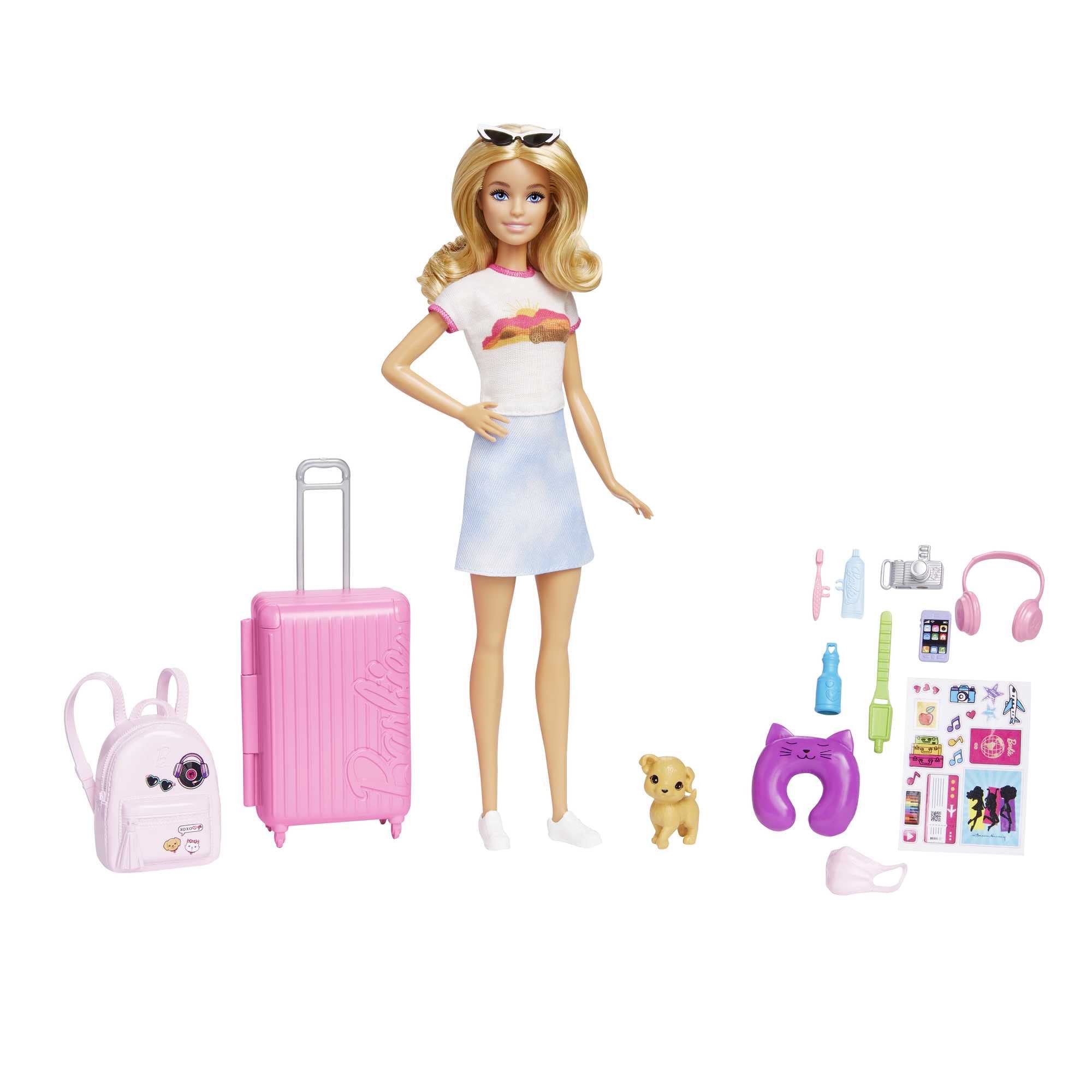 Barbie Doll and Accessories, “Malibu” Travel Set with Puppy and 10+ Pieces Including Working Suitcase, HJY18
